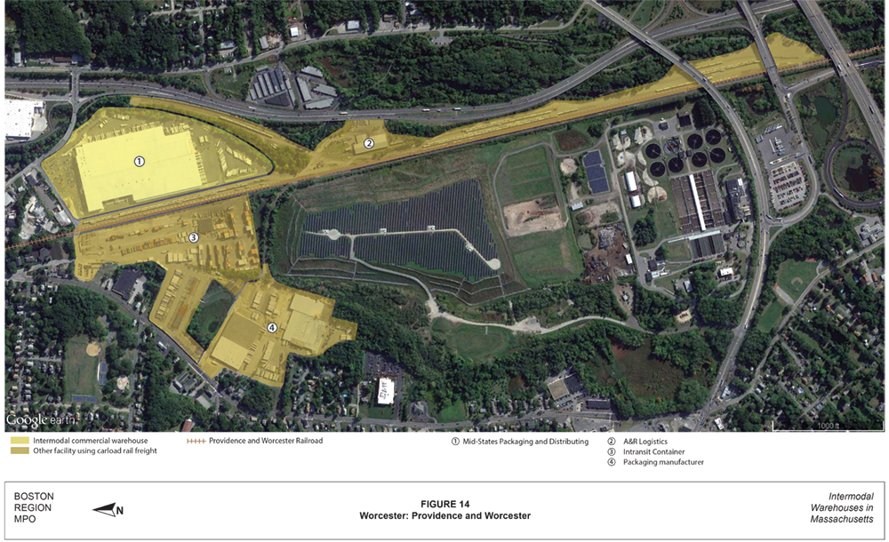 FIGURE 14. Worcester: Providence and Worcester
This is an aerial photo of part Worcester highlighting an intermodal warehouse and other industrial facilities with rail access from the Providence and Worcester Railroad.
